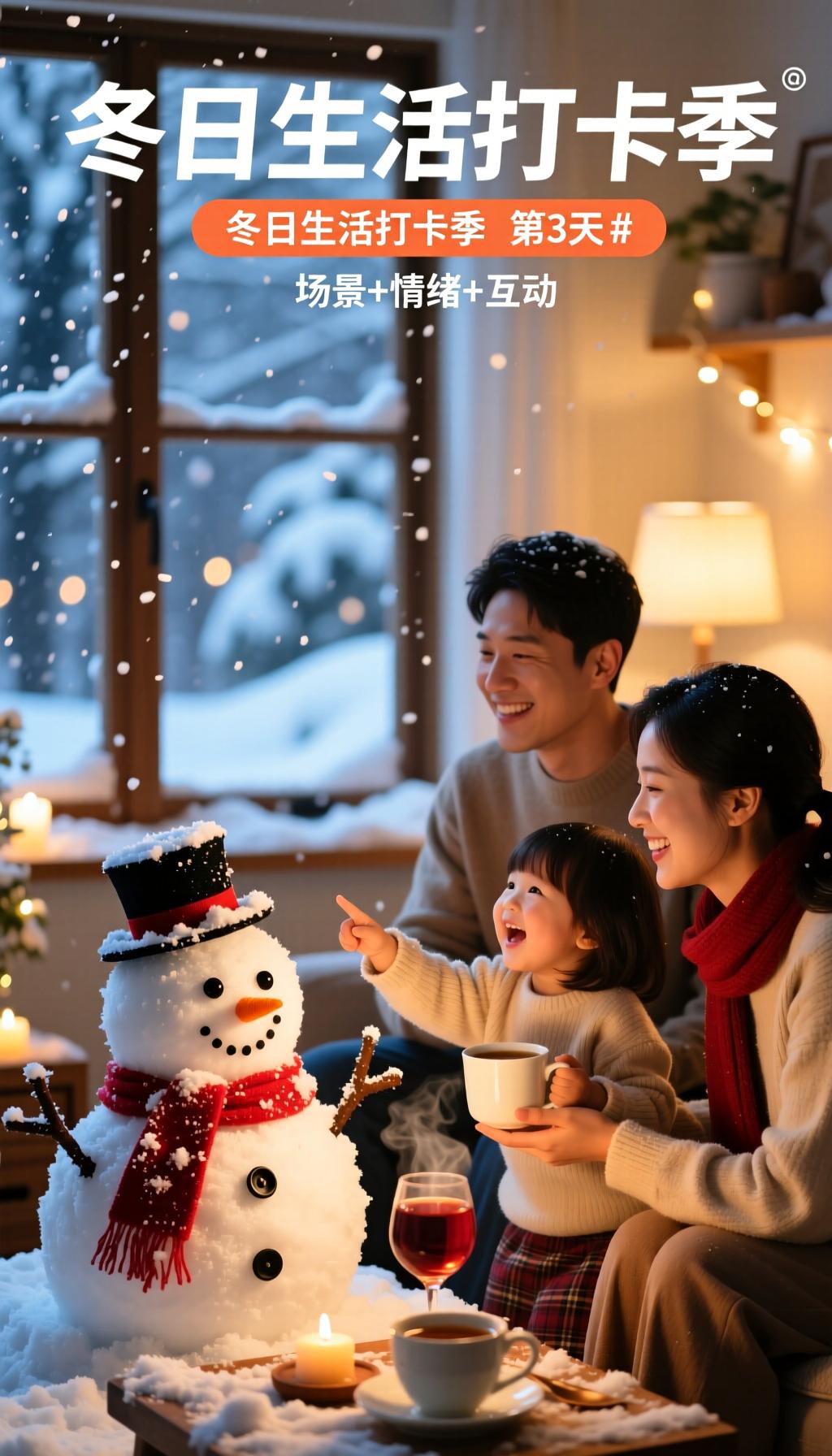 1. 核心元素
- 主题文字：画面中央突出“冬日生活打卡季”字样，搭配蒸汽效果增