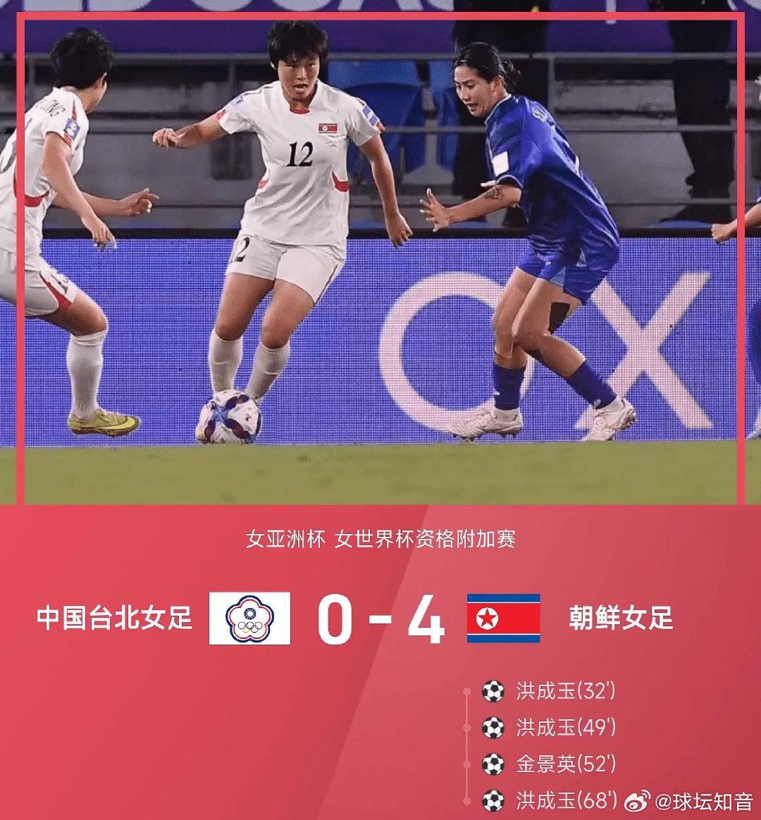 女足亚洲杯的世界杯资格附加赛，朝鲜女足4-0战胜中国台北女足。上半场，朝鲜女足由