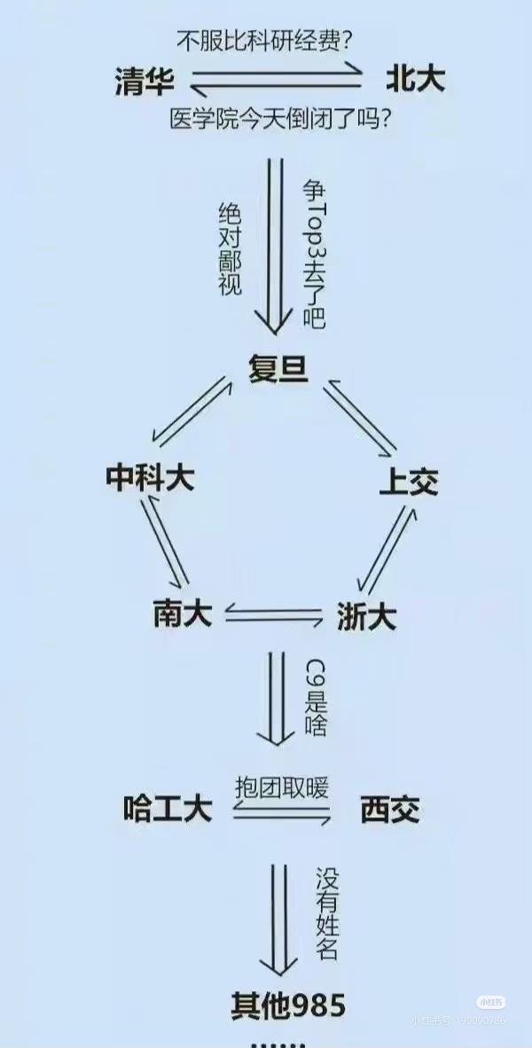 清北（1-2），复交浙（3-5），科南（6-7），中山、武大、华科（8-10）。