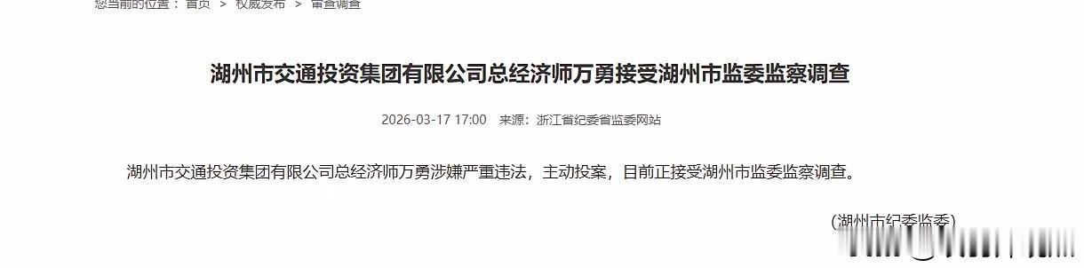 湖州交通系统大地震！总经济师万勇主动投案，曾掌舵百亿城际铁路

2026年3月1