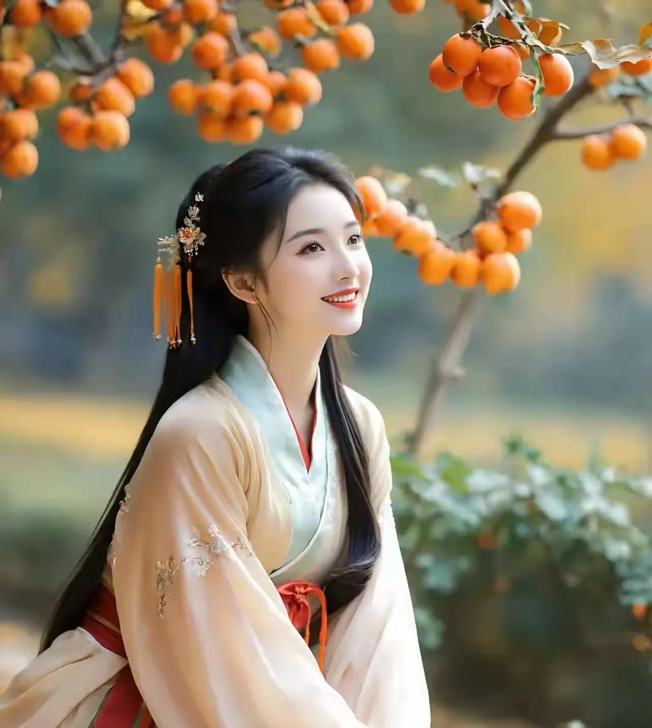 《柿下佳人》

佳人映柿若花仙，
树下桌前笑意绵。
美景当前如意事，
秋光满处韵