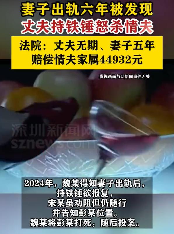 妻子出轨6年丈夫持铁锤怒杀情夫，导致第三者死亡，被判无期徒刑，而妻子也因为故意伤