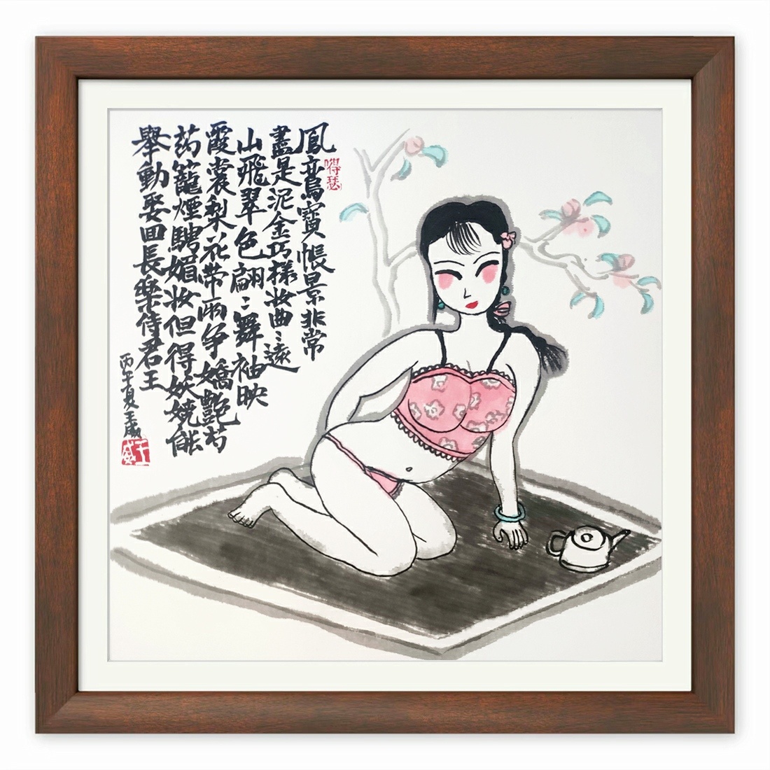 小画，凤鸾宝帐景非常，尽是泥金巧样妆。曲曲远山飞翠色，翩翩舞袖映霞裳。梨花带雨争