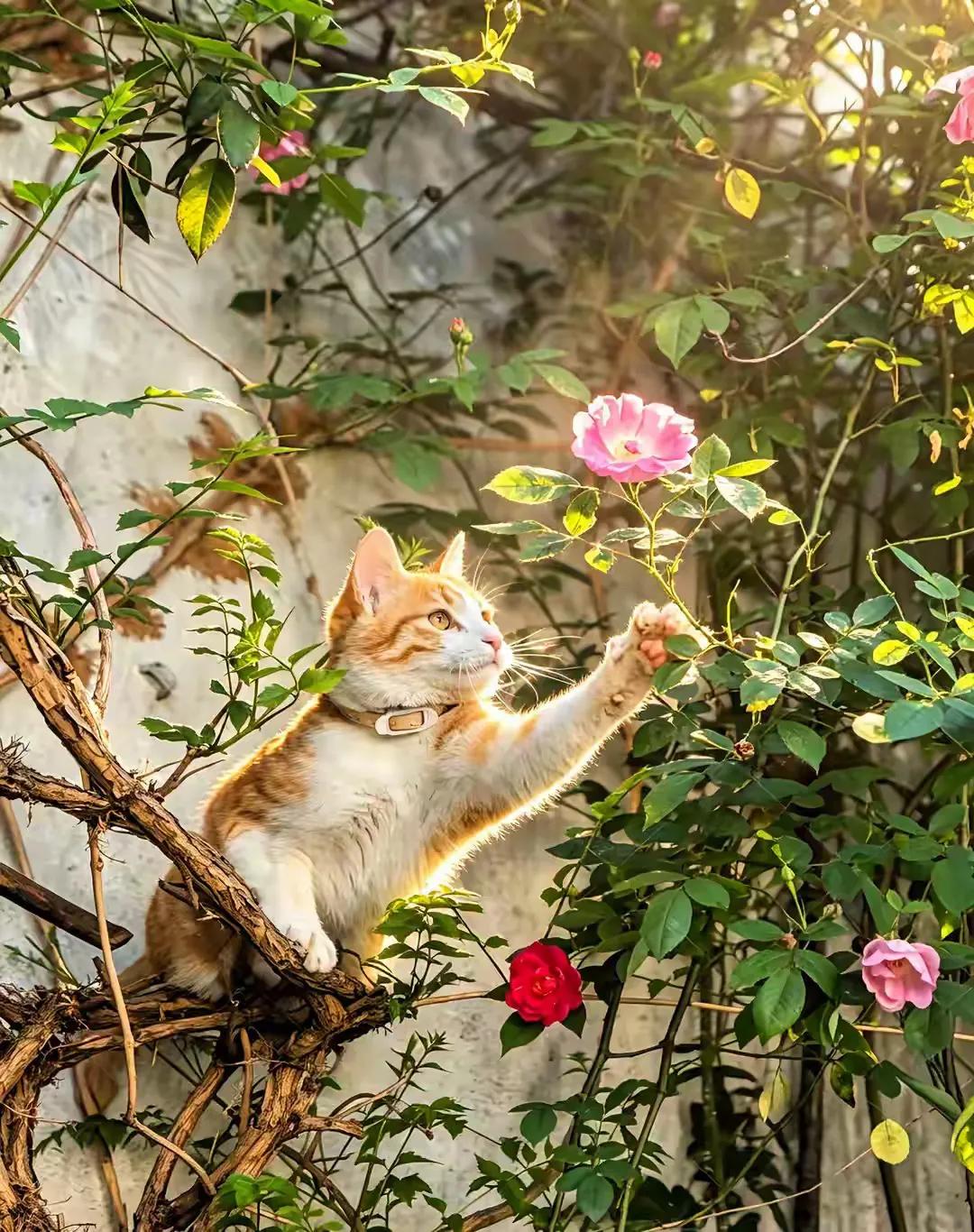花间猫戏蕊，
竹里蝶撩头。
横批：《花间与竹里》