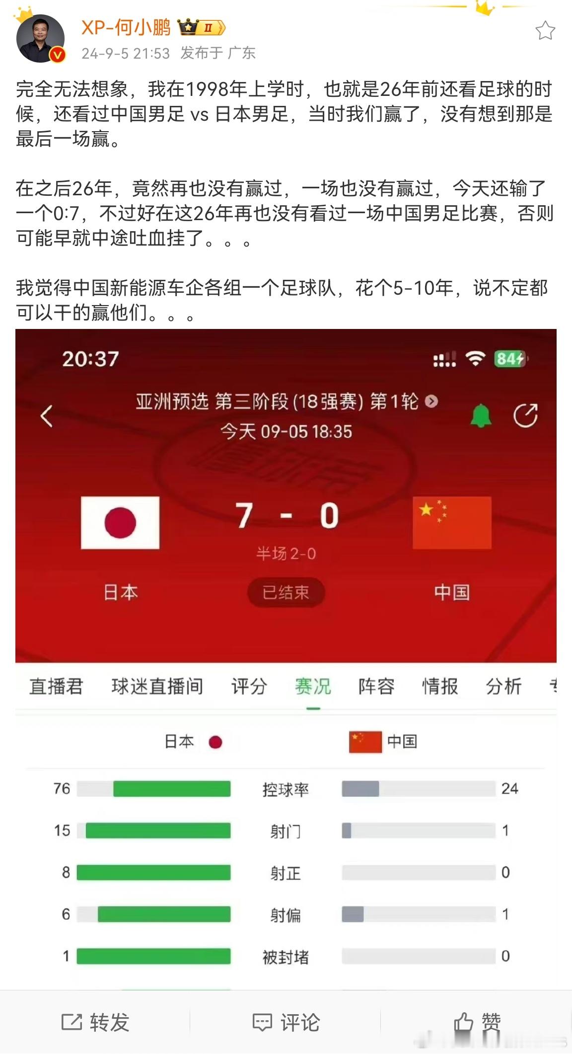 #何小鹏感叹国足惨败#其实现实情况可能还要更离谱，自己真去踢球会发现就这些臭鱼烂