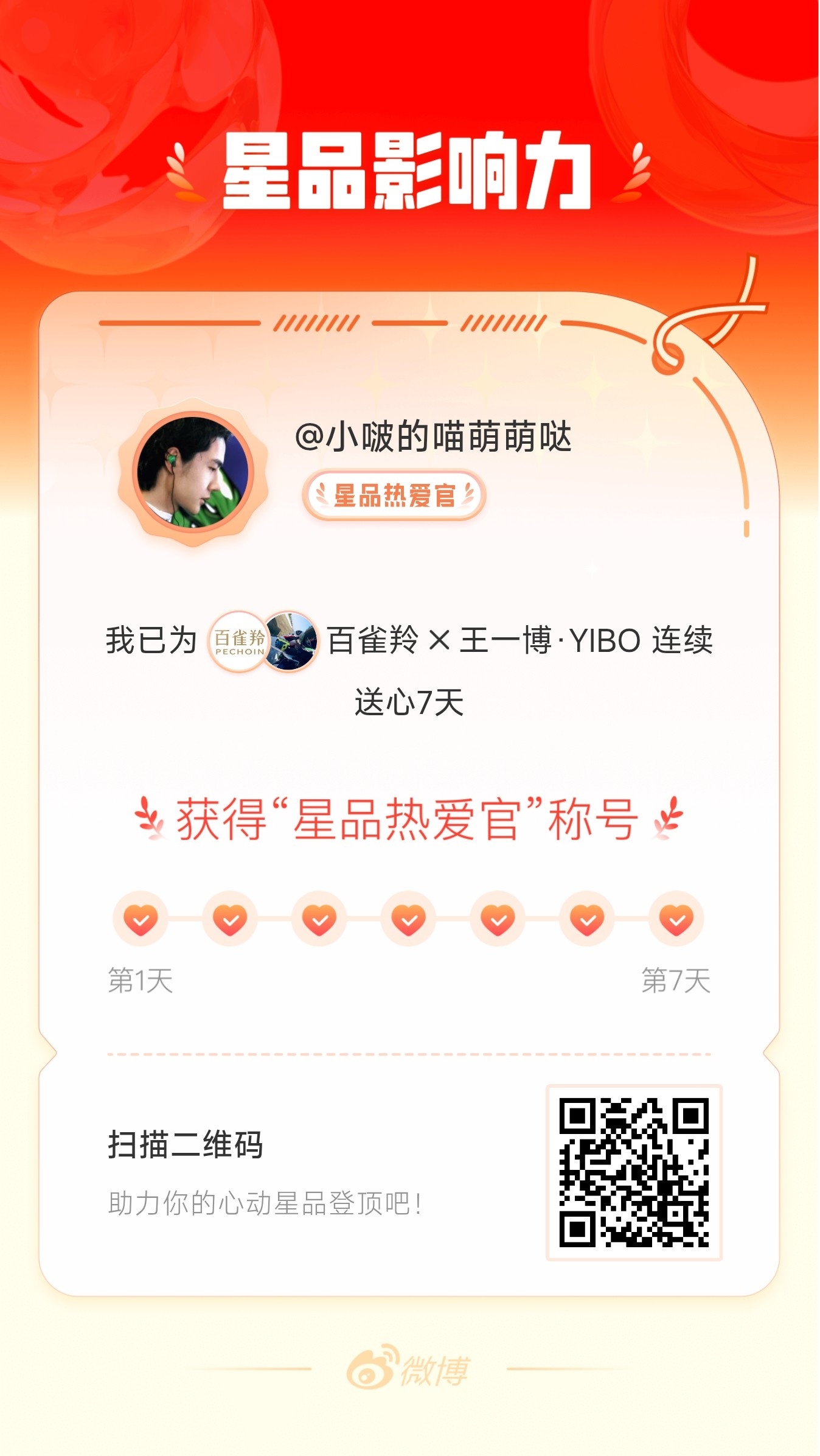 王一博[超话]百雀羚品牌全球代言人王一博 我在星品影响力上为 X 连续送心7天，