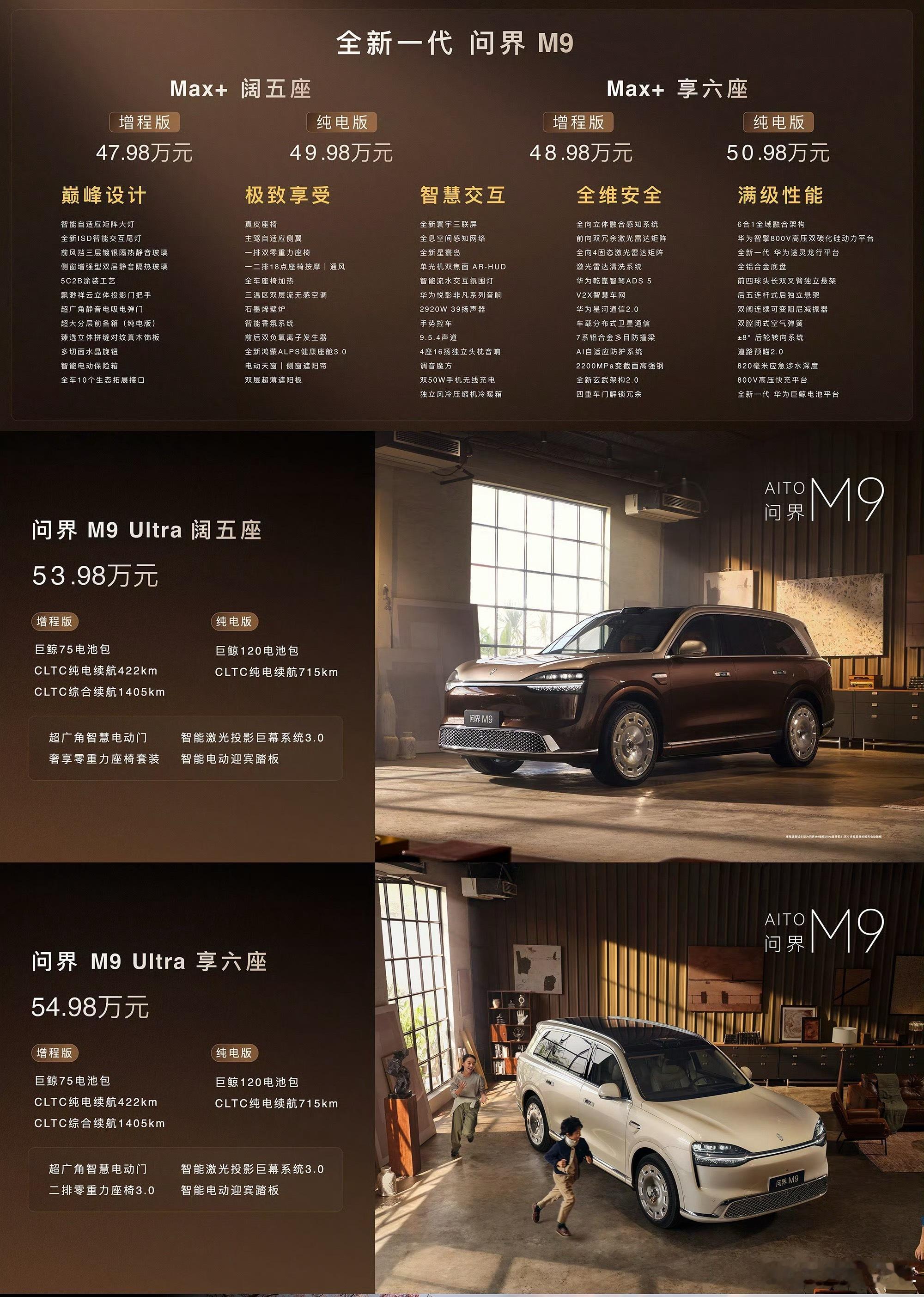 全新问界M9系列正式发布全新一代问界M9价格来了：Max+五座：47.98万（增