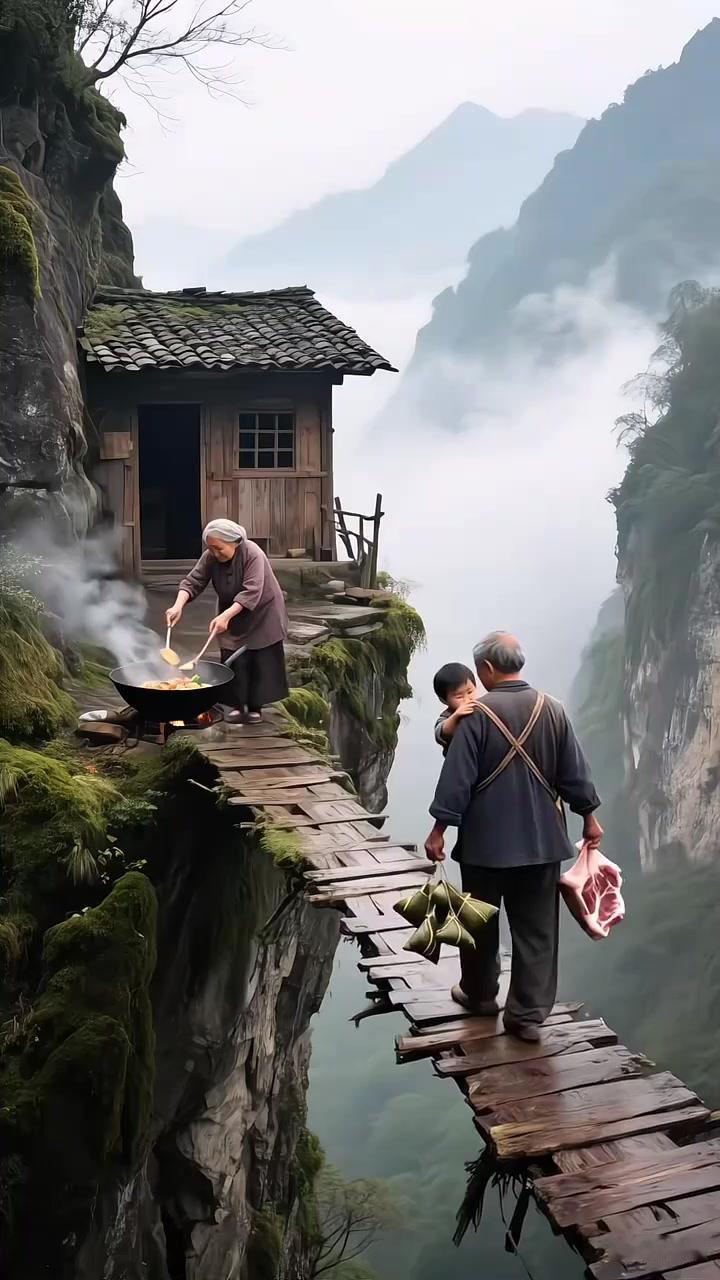 山登绝顶人为峰，崖上人家仰止中。人们欣赏悬崖峭壁，壁下万丈深渊，给人以惊怵之美。