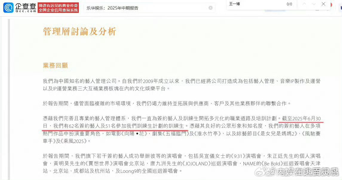 乐华25年中期报告中未提及王一博 乐华25年中期报告中未提及王一博！！乐华中期报