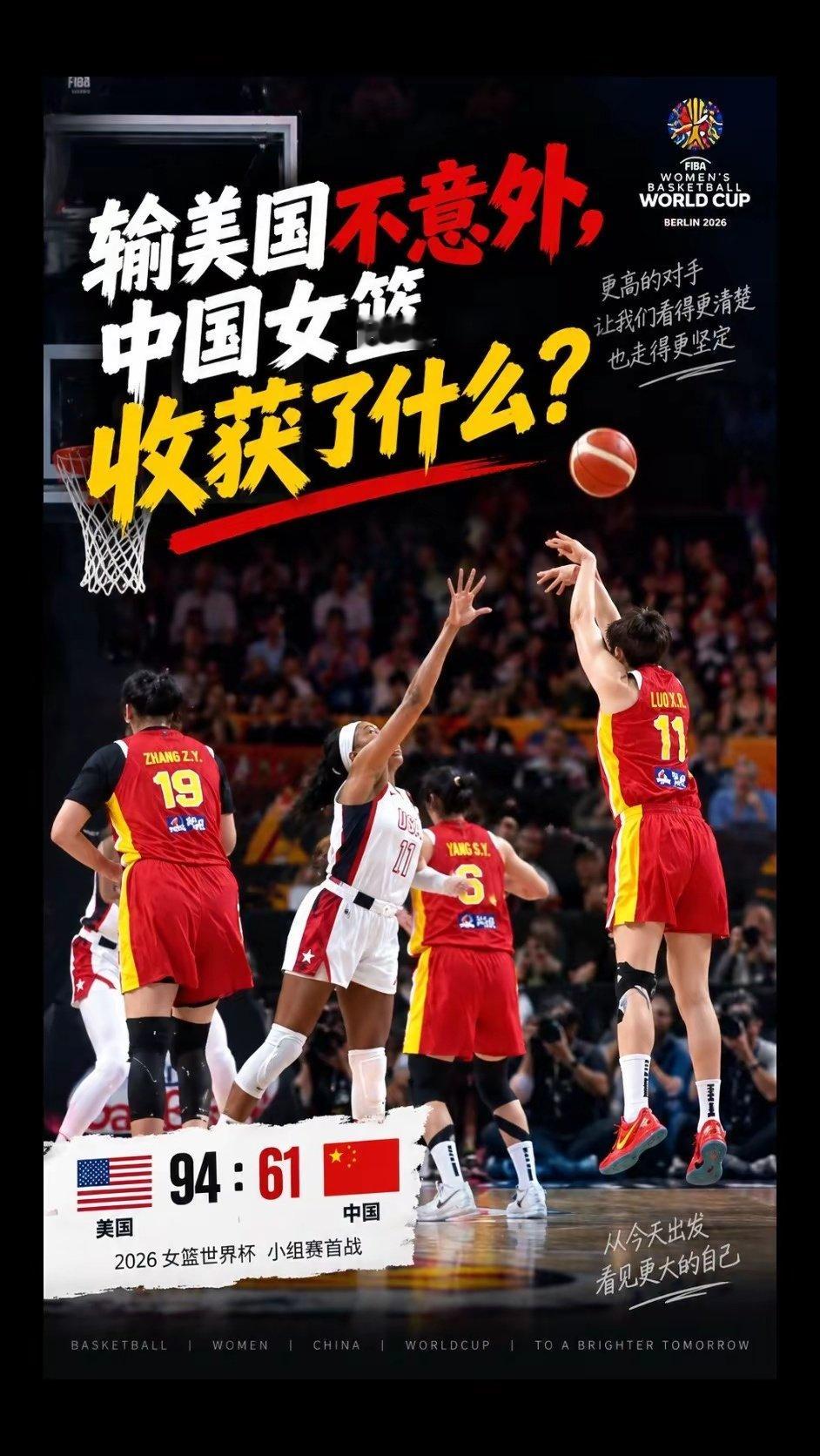 中国女篮世界杯小组赛61:94不敌美国，但张子宇首秀惊艳，18分钟砍下13分6篮