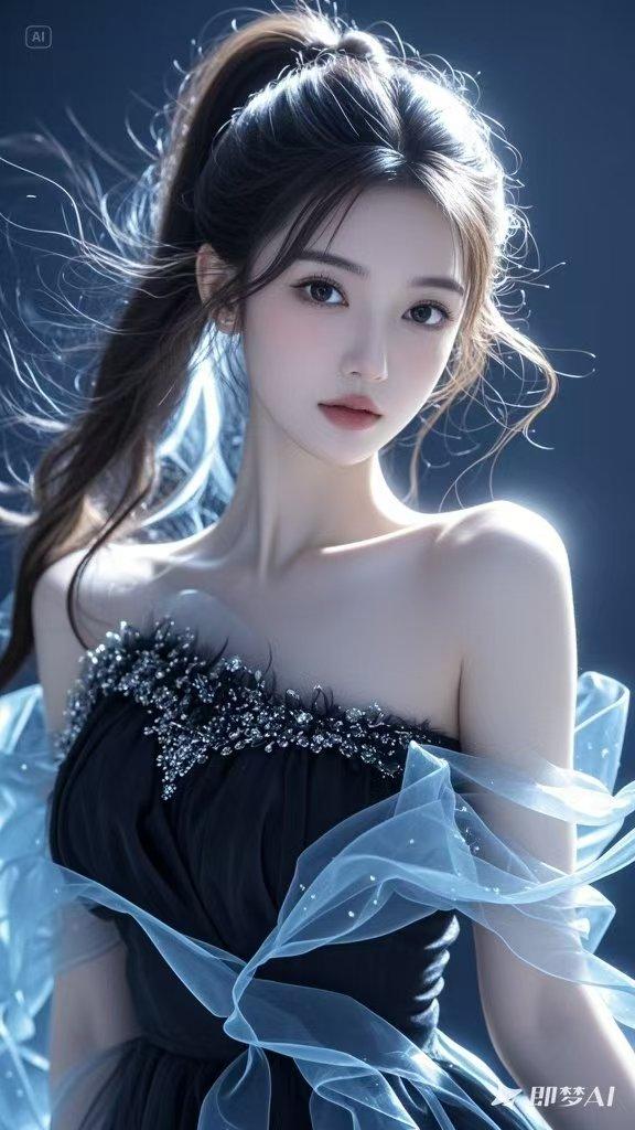 梦幻蓝纱裙，露肩设计凸显又细又直的肩颈线条，精致锁骨，高级感满满。仙气十足，简直