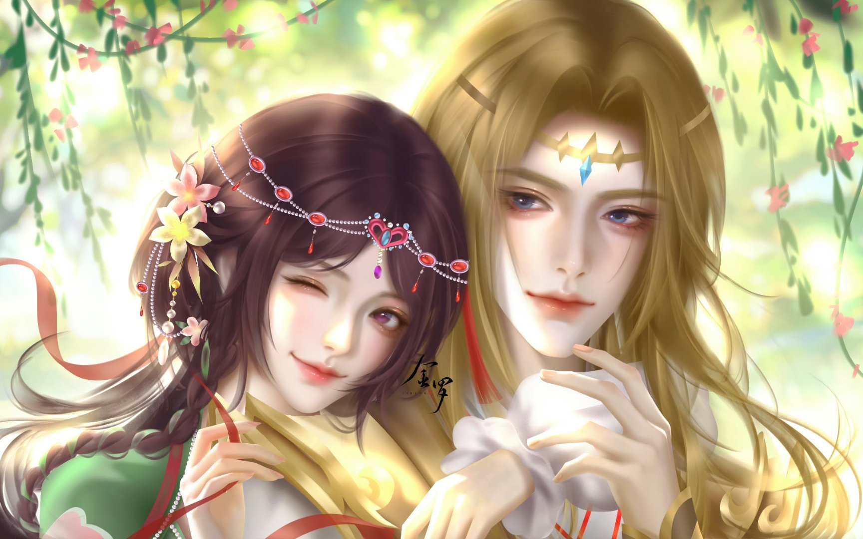 金罗1229周年庆精灵梦叶罗丽金罗 柳曳繁花沐暖阳，相依浅笑意悠长。明眸暗绾相思