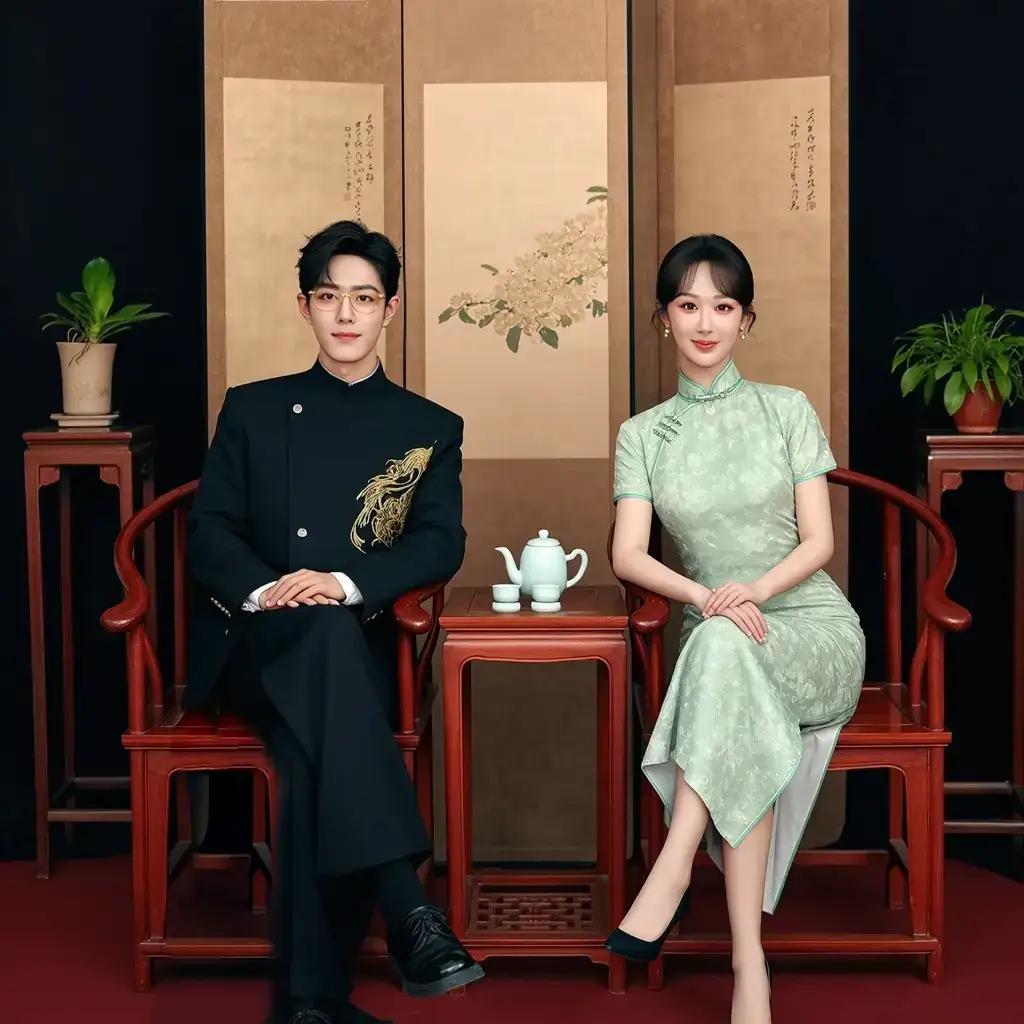 肖战一身利落黑西装自带现代矜贵气场，杨紫一袭翠绿旗袍尽显东方温婉，跨越时空优雅相