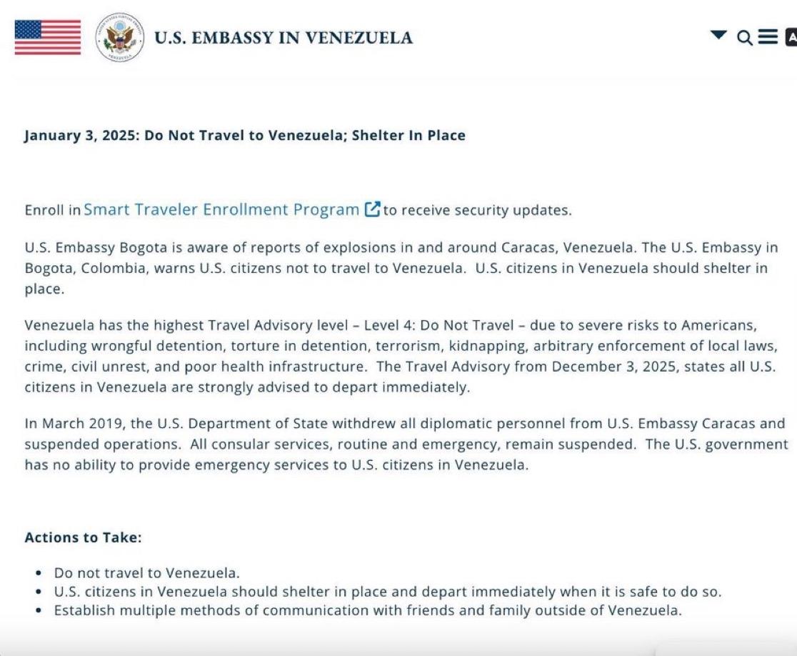 美国驻哥伦比亚大使馆为目前在委内瑞拉的美国人发布了就地避难令。