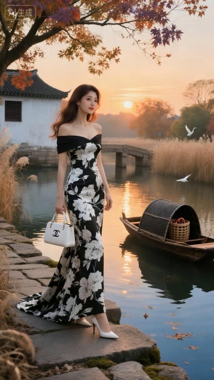 七绝●黄昏美景/古韵  

通江碧水蟹虾肥，
茂苇依河白鹭飞。
老舍横桥通两岸，