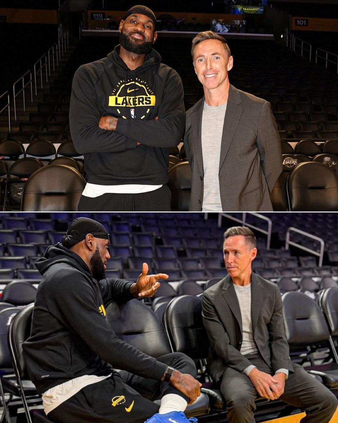 詹姆斯和纳什今天赛前叙叙旧，聊聊天。 