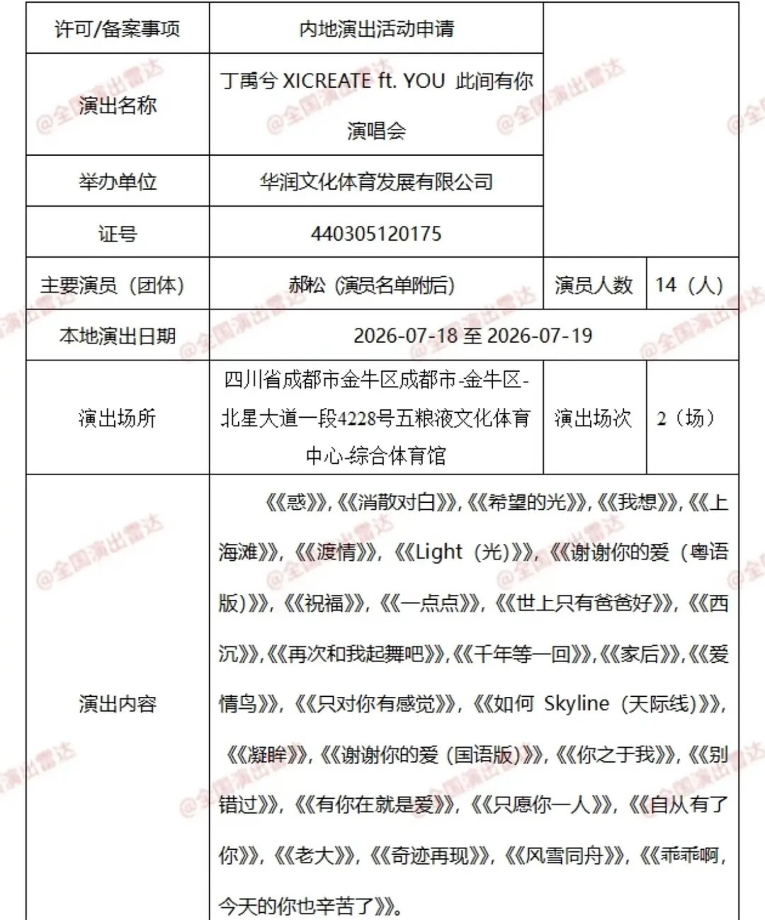 丁禹兮成都演唱会报批歌单🈶 