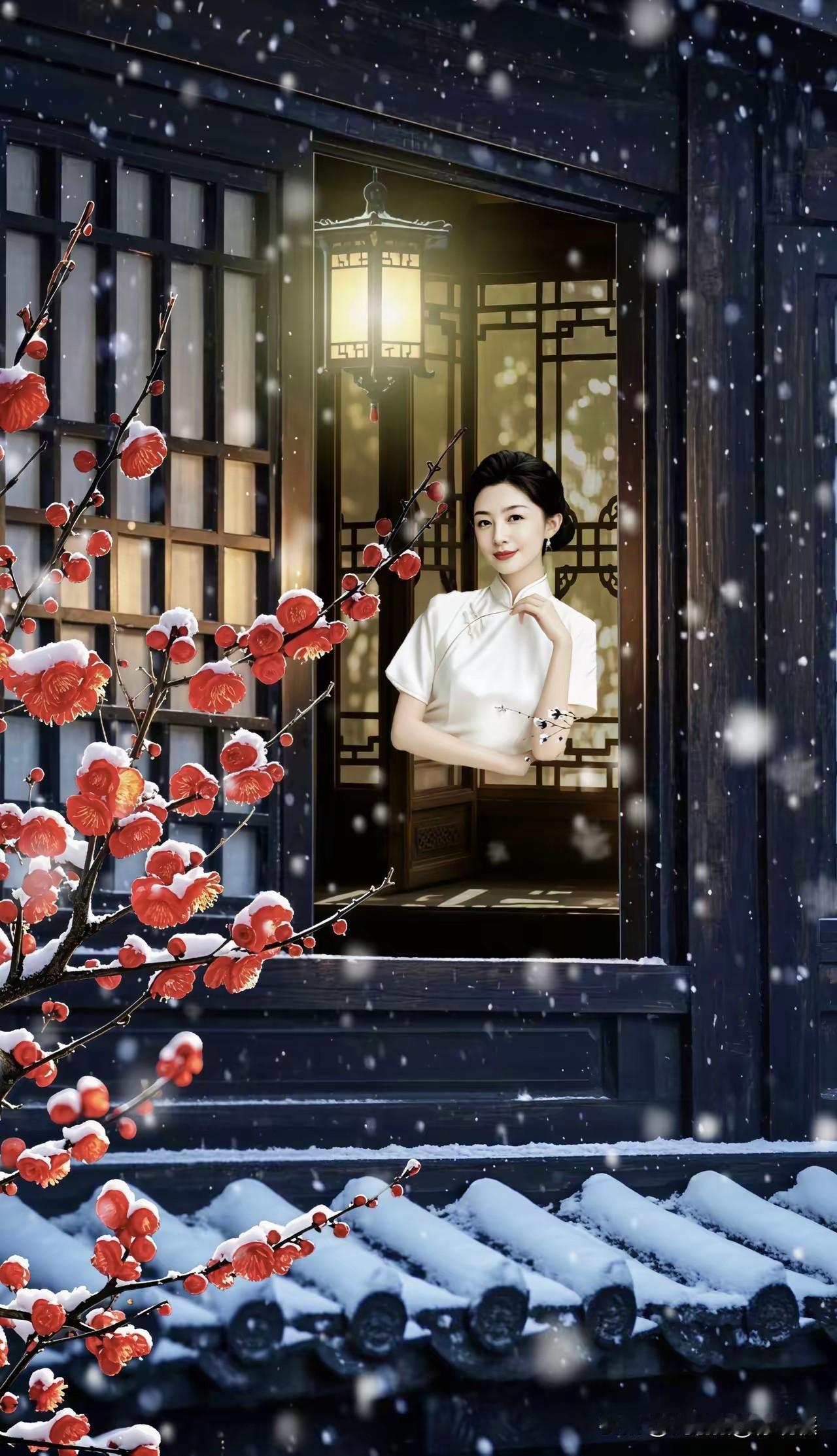 剪烛西窗月影斜，
寒梅户外望灯花。
看来寂寞两相似，
物我有情映窗纱。