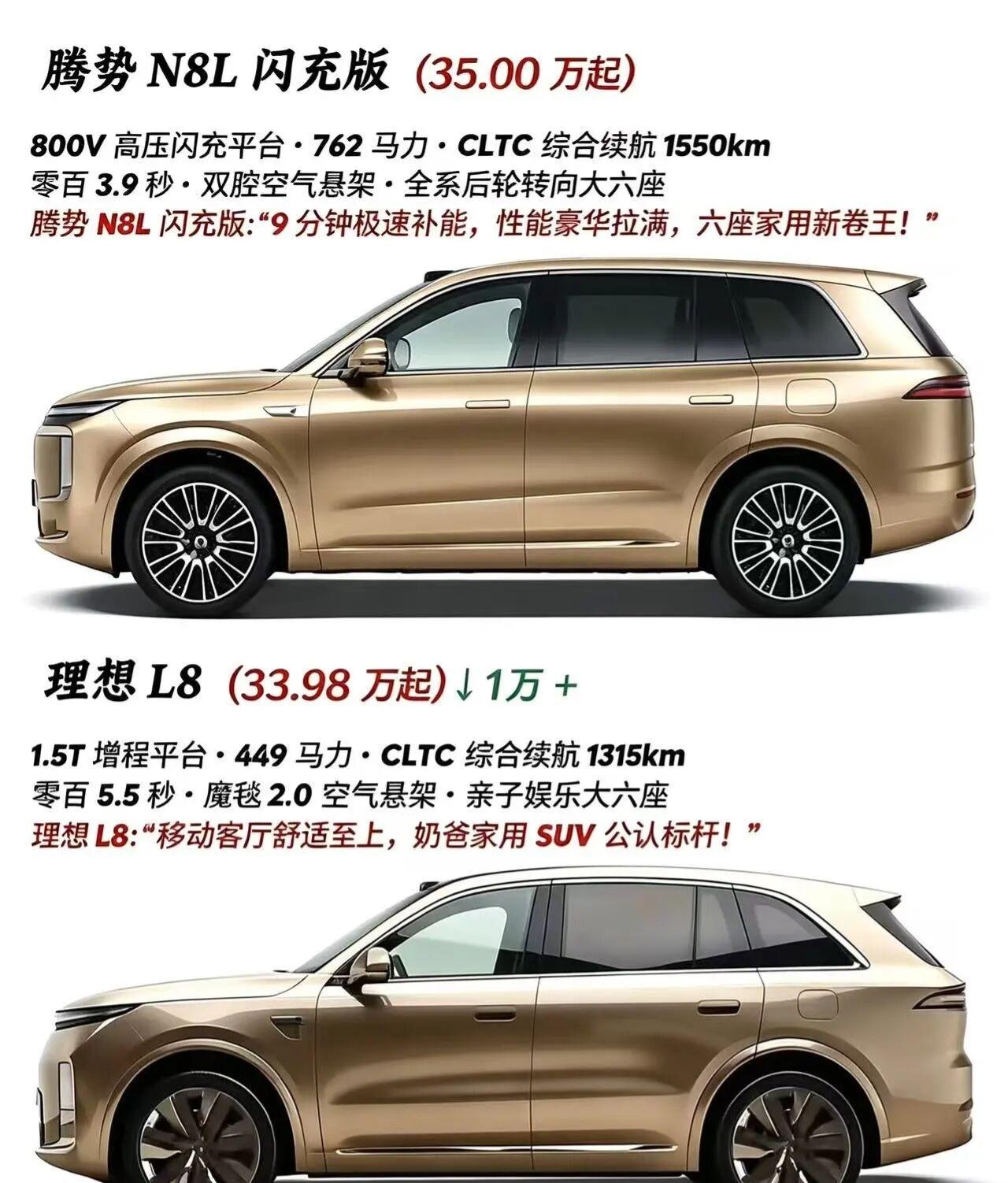 腾势N8L闪充版VS理想L8，家用该选谁？价格上，理想L8优惠后33.98万起，