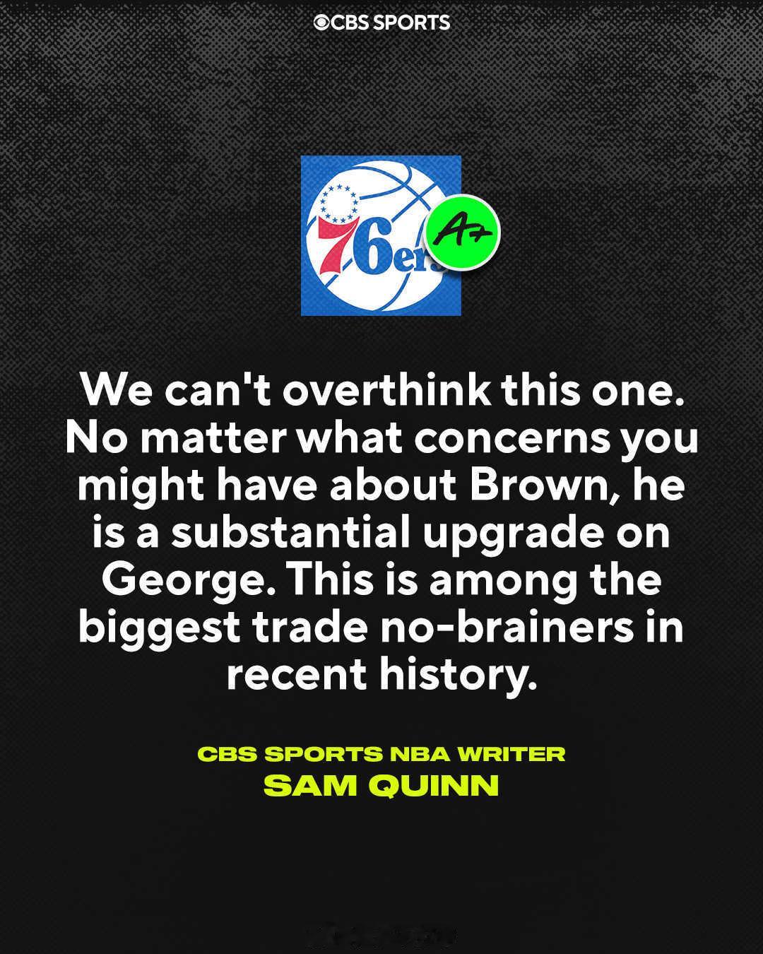 CBS体育NBA专栏作家 Sam Quinn为布朗&乔治交易评级：凯尔特人：D-