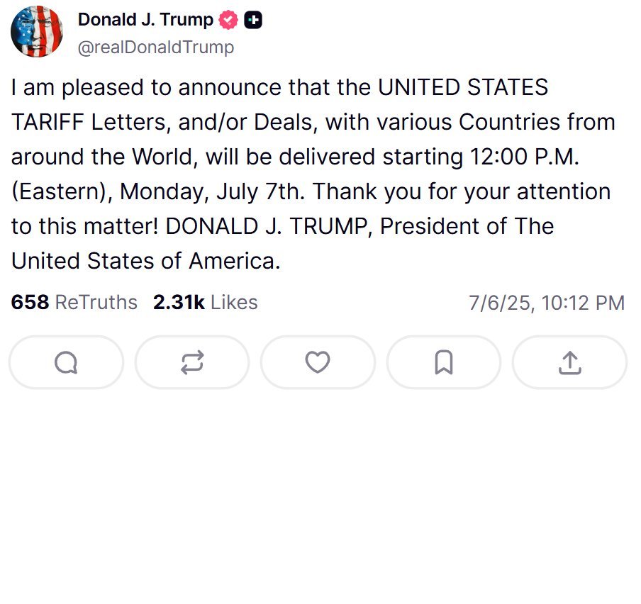 🔻川普：美国将于东部时间7月7日中午12点开始，陆续向世界各国送达关税函件和/