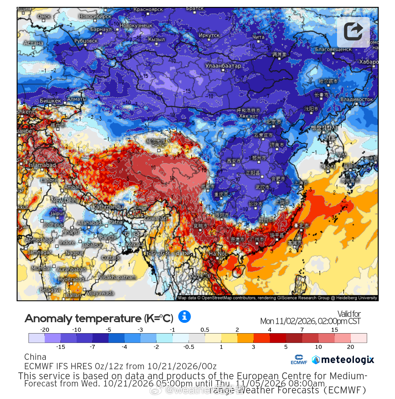 冷空气 月底至11月上旬的冷空气还是很活跃的，中东部地区持续蓝色（气温偏低），就