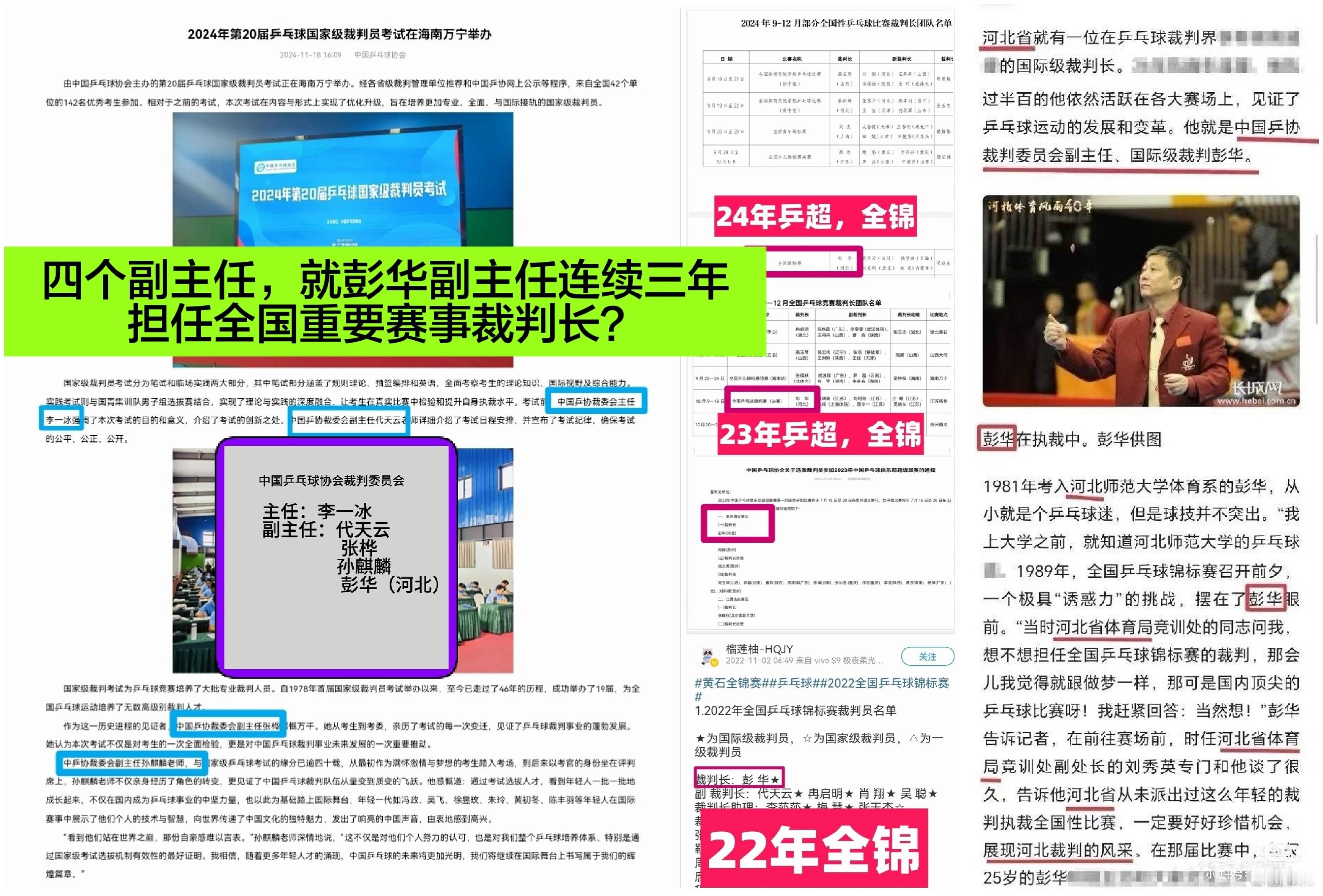 裁判长彭华就是靠乒超决赛那样的“圆滑”处事，才换来了连续三年担任全国重要比赛裁判