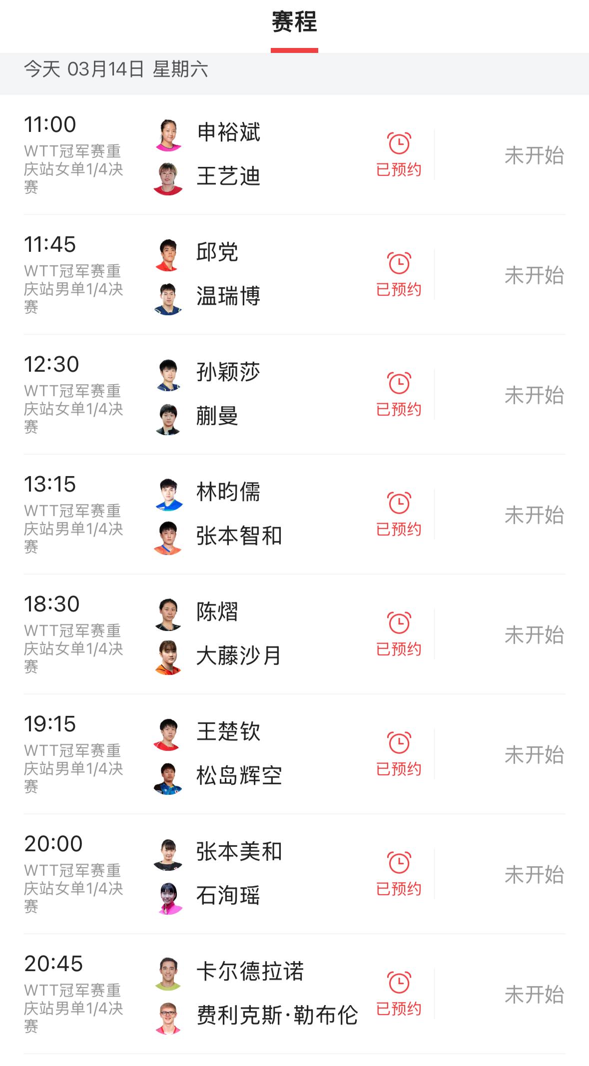 W TT重庆站冠军赛3月14日赛程早知道：今天的赛程男单女单都是四分之一决赛的强