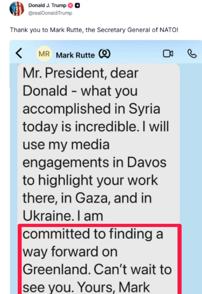 北约秘书长给美国总统的私密信息在欧洲引发巨大争议。信息中其使用亲昵语气，并在格陵