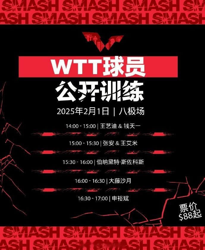 WTT球员公开训练票价：88新币(约470人民币)起  