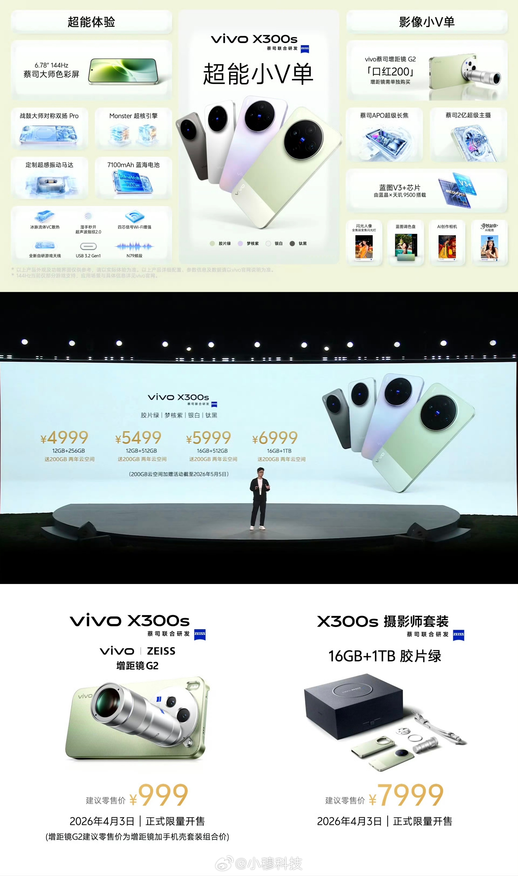vivo发布会vivo X300s发布了，售价4999 起，还有增距镜999元。