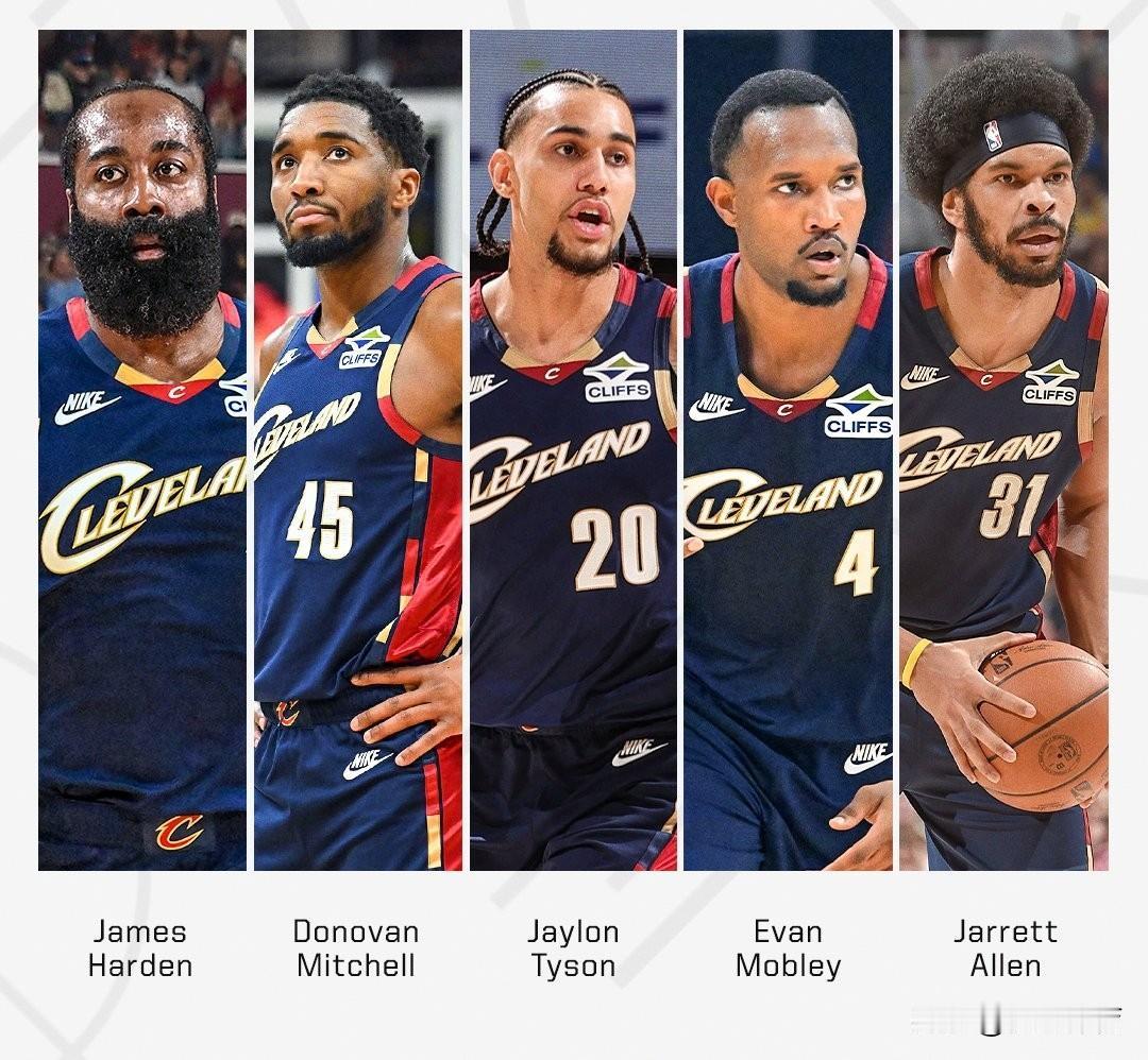 只有哈登一位老将！骑士首发阵容的身高和年龄太合理了：

1、按身高排：
米切尔1