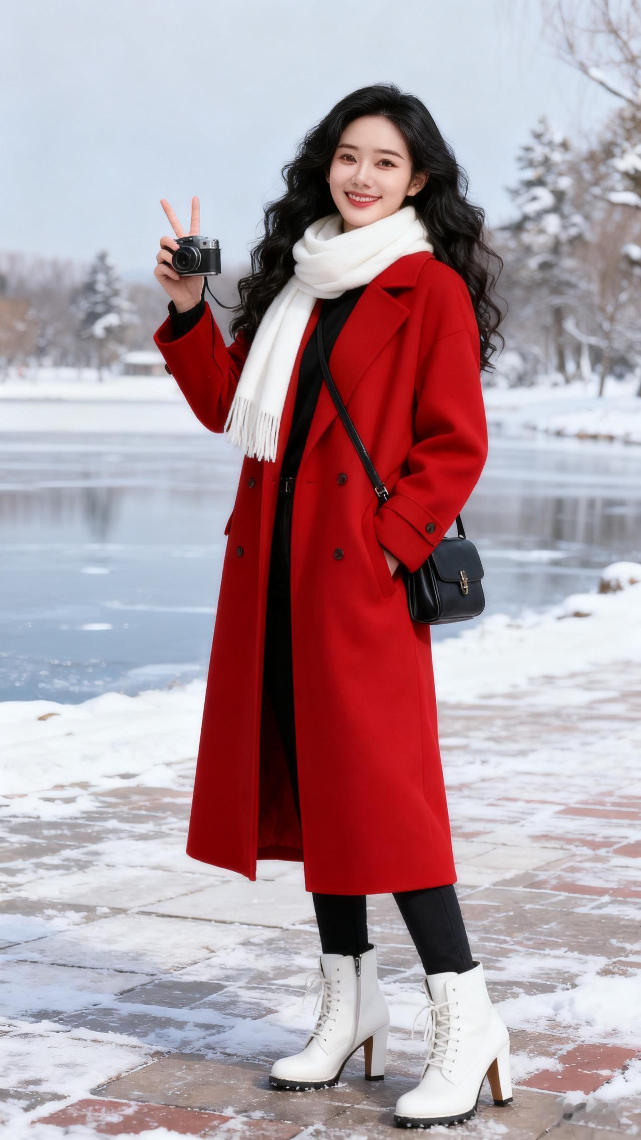 26岁清新女子黑长卷发飘动，红长款大衣内黑衫黑裤，白高跟马丁靴+白围巾黑挎包，持