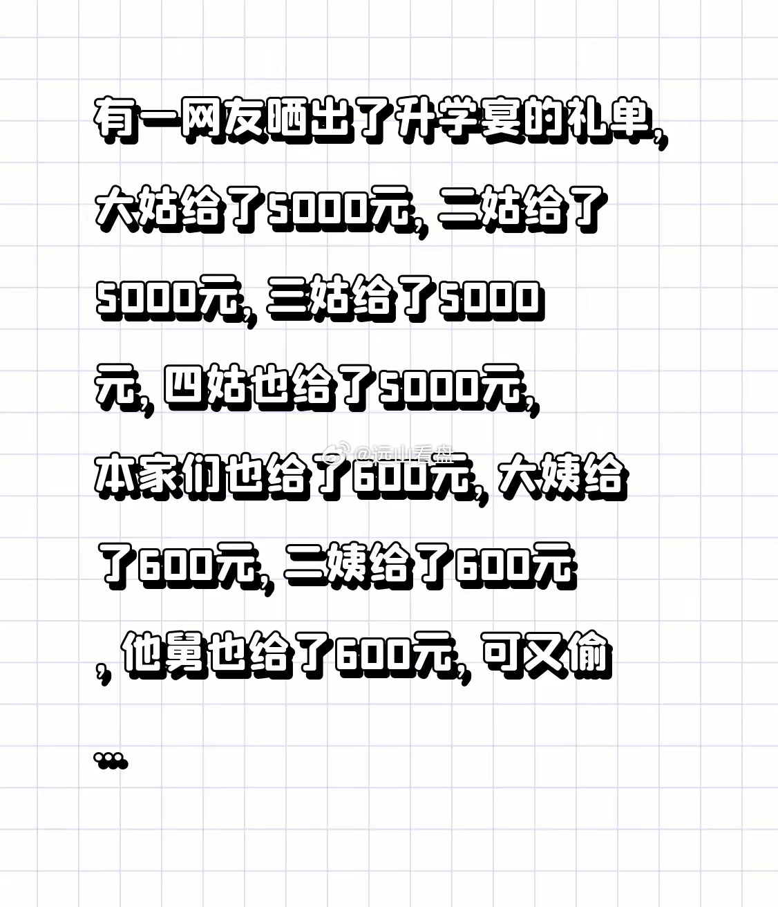 有一网友晒出了升学宴的礼单，大姑给了5000元，二姑给了5000元，三姑给了50