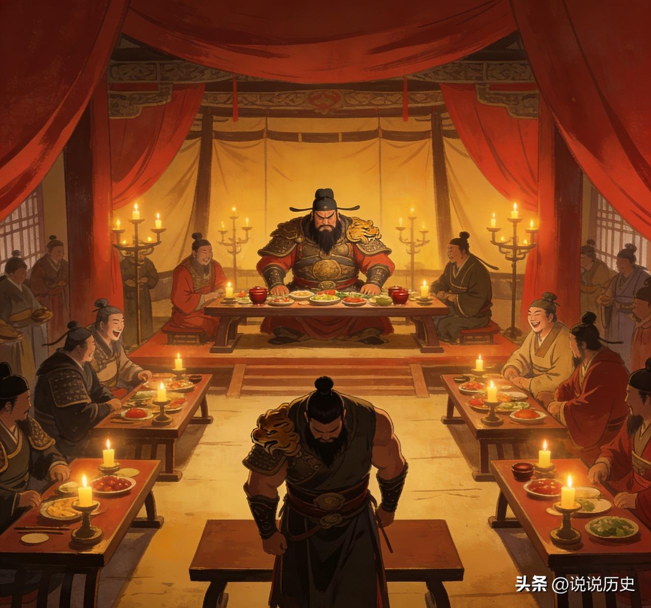 曹操官渡大胜后大宴群臣，唯独虎侯许褚案前空无一物，他默然离席，归家后对儿子说：把