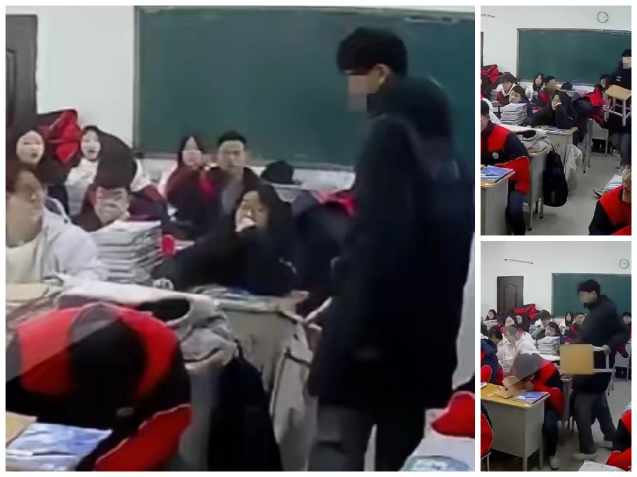 男生用板凳攻击同学后脑勺，这件事情看的人后背发凉。课下后排男生拎着凳子走到前排同