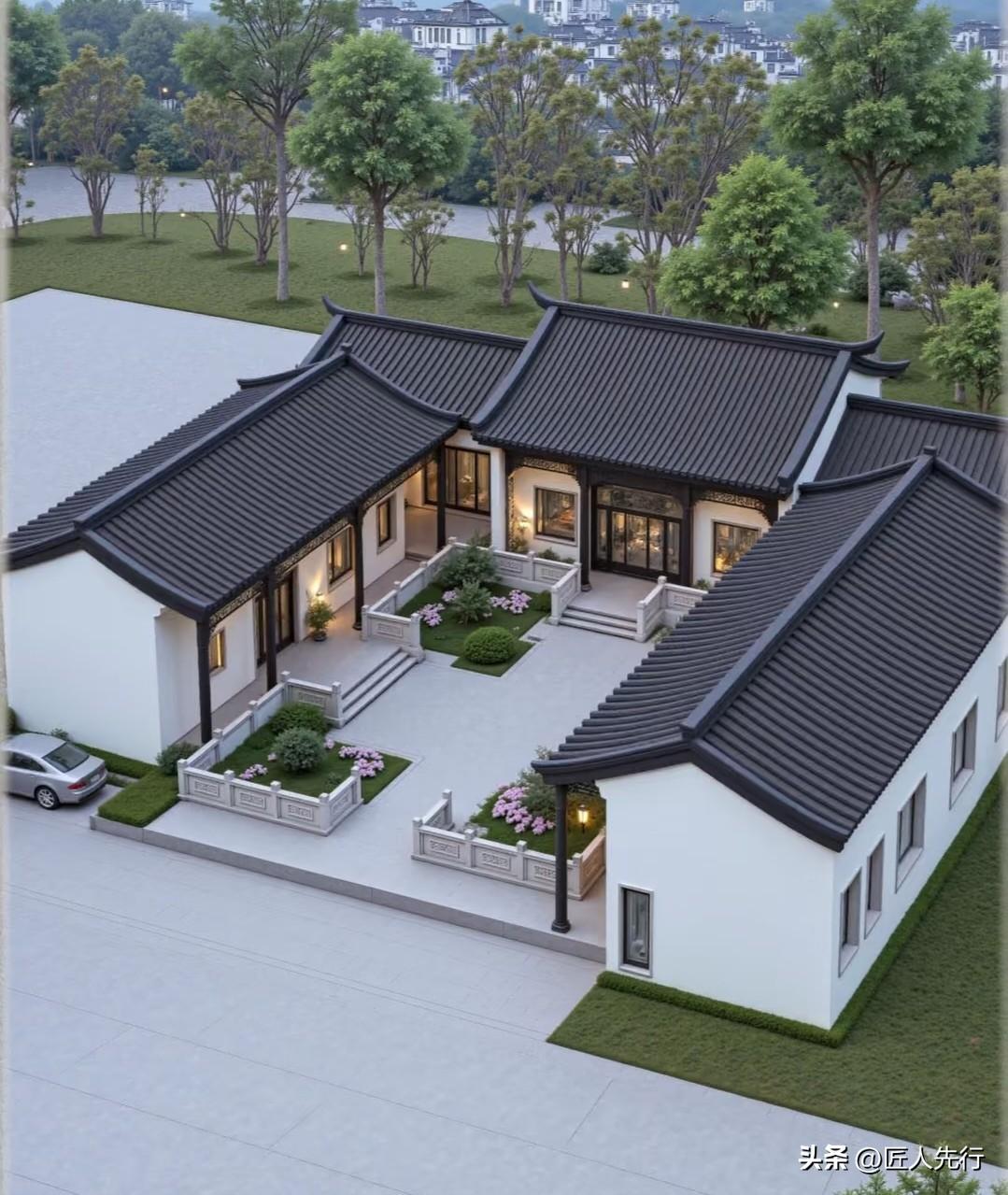 回村建房一层就够了。
一层平房简约大气，整体采用低矮舒展的新中式造型，灰调仿石外