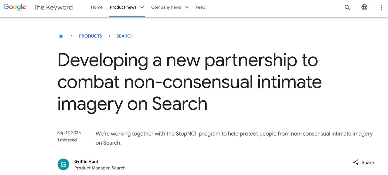 Google 加强搜索保护：“非自愿私密影像（NCII）”将被主动识别与移除
