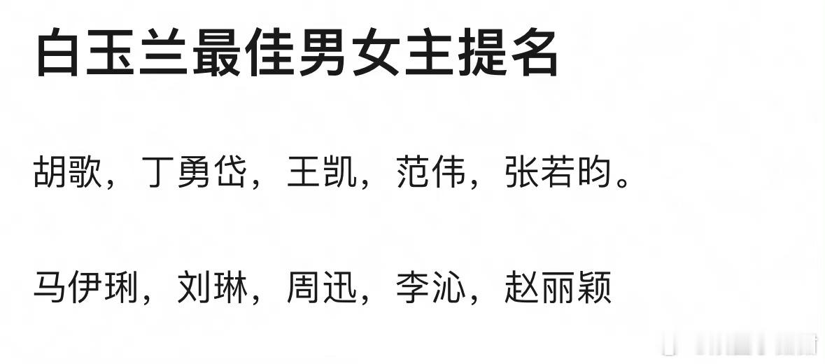 有网友预测白玉兰最佳男女主提名：男主：胡歌、丁勇岱、王凯、范伟、张若昀女主：马伊