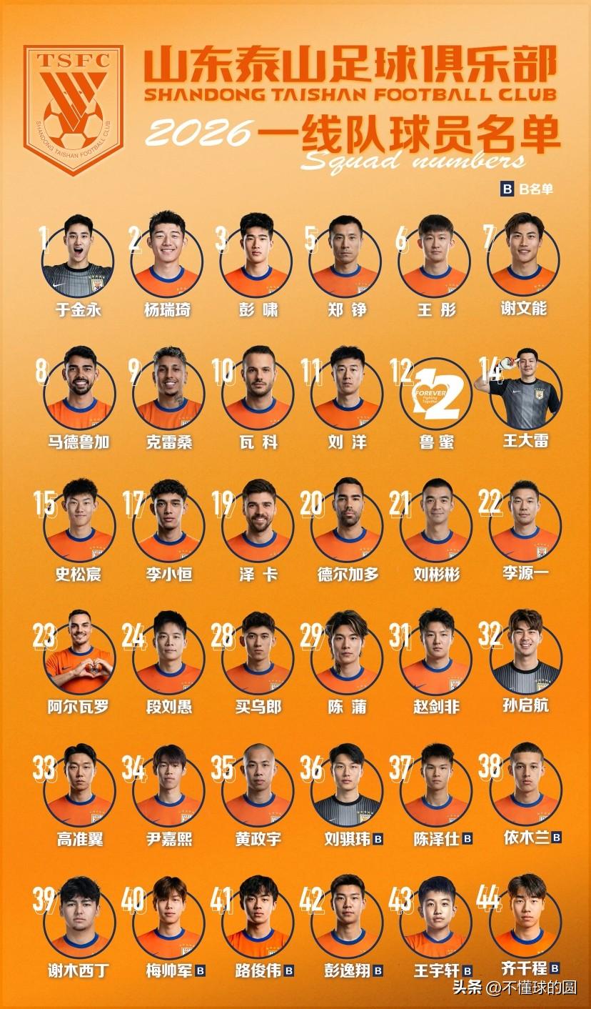 山东泰山，2026新赛季，所有球员号码。
新外援选择了谢文能的23号，谢文能选择
