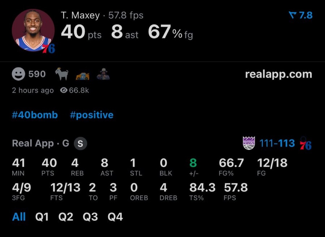 关键先生！泰瑞斯·马克西今晚：40 PTS4 REB8 AST4 3PM12/1