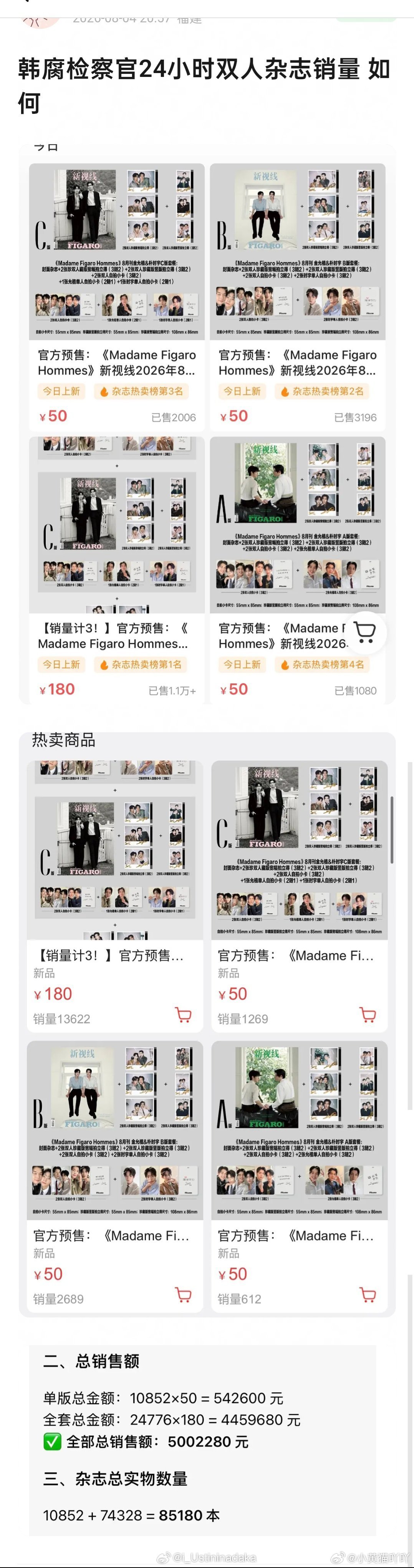 金允植朴时宇Madame Figaro Hommes双人封面杂志24小时预售，总