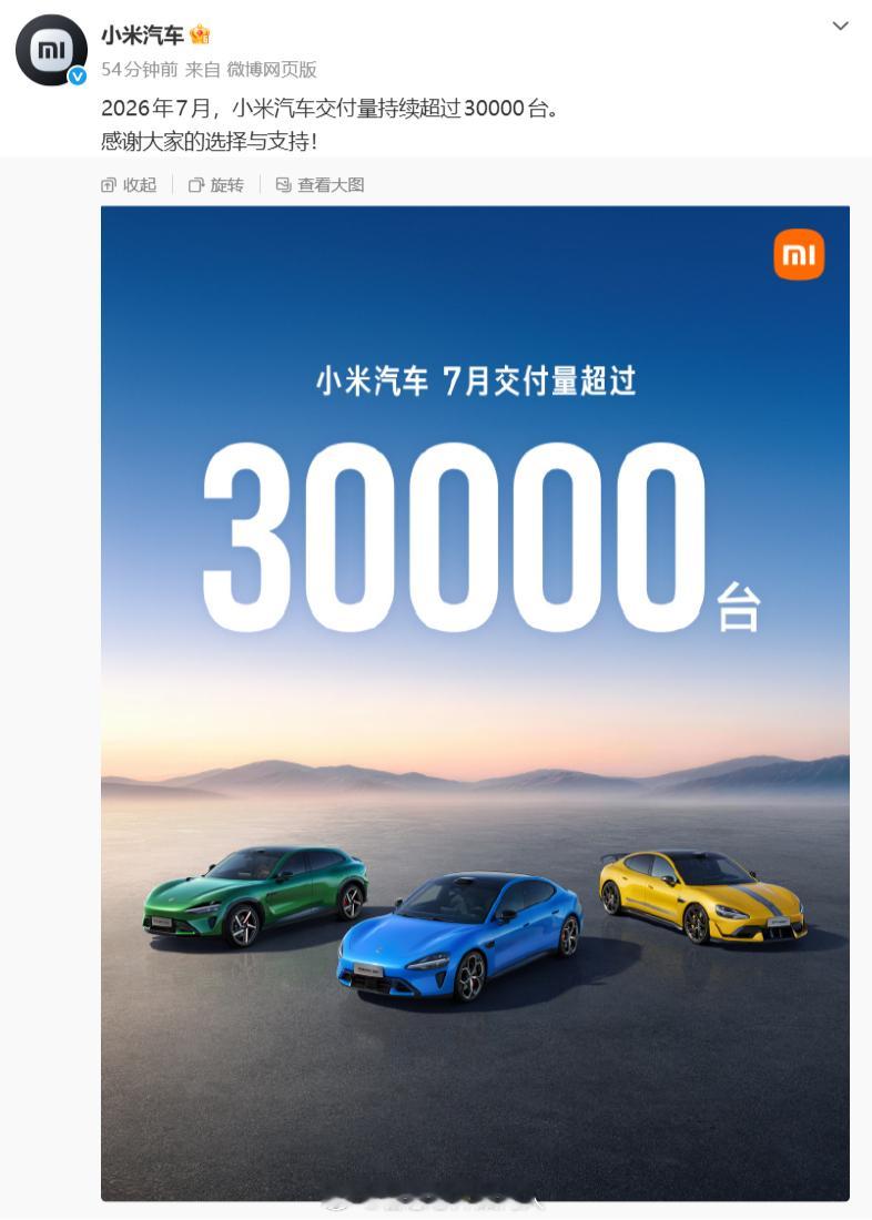 小米汽车7月份交付继续超30000台。今年的销量爆发要到9月份了。N90和N70
