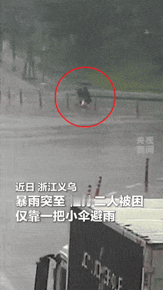 浙江义乌的一场突发暴雨中，一位老人推着婴儿车，和小孙女仅靠一把小伞艰难避雨，雨水