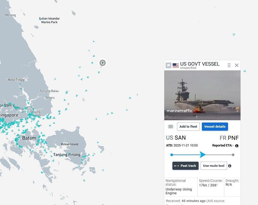 林肯号航母编队抵达马六甲海峡附近，抵达中东需要3-5天的时间。根据网友发布的航迹