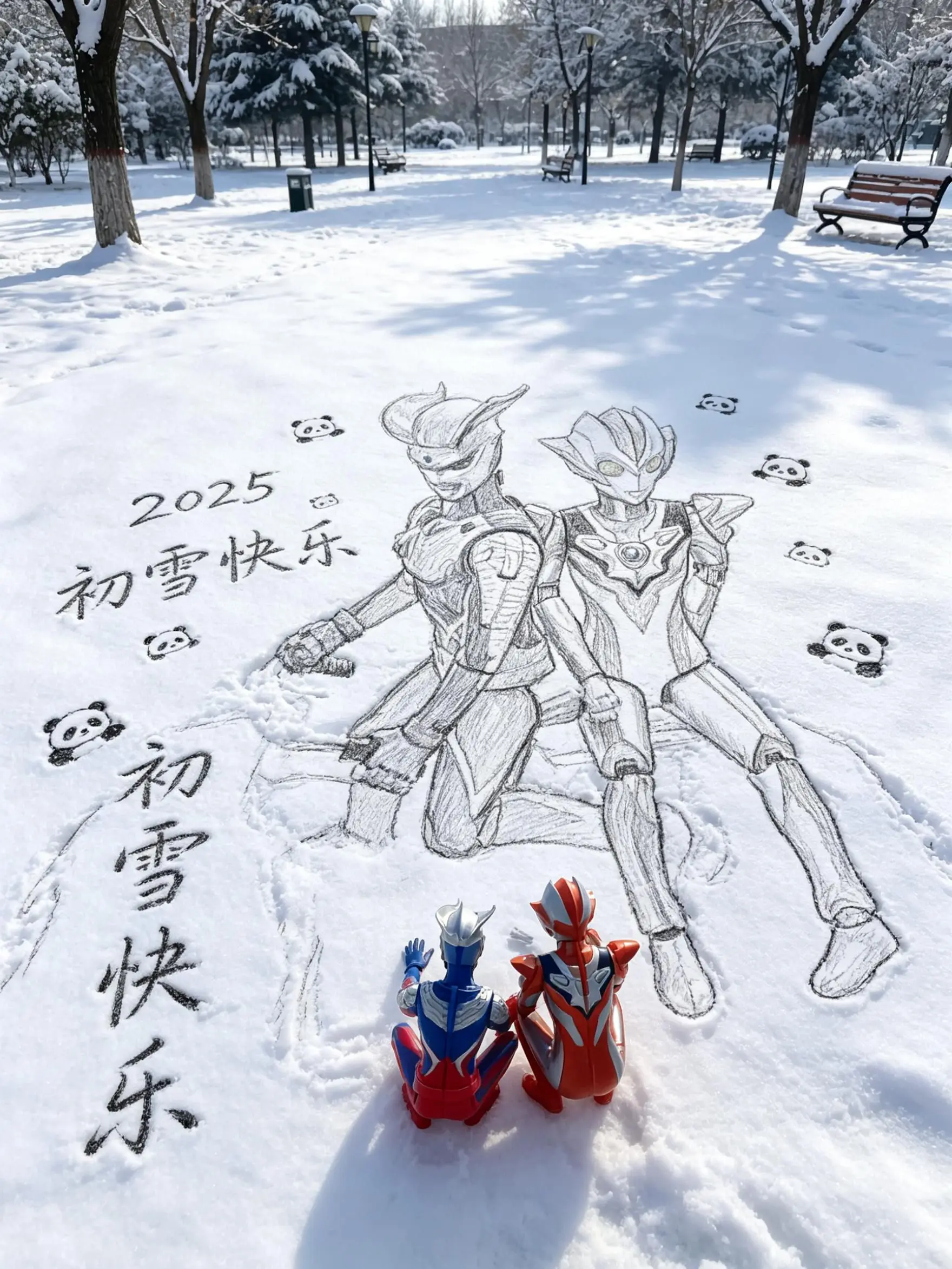 雪地手绘风 在雪地里当画家咯 万物皆有初雪氛围