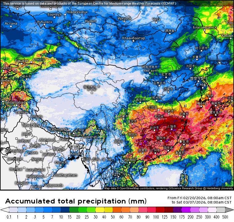 可以确定的是，未来一段时间，南方的降水会非常的多，累计降水量也很大，部分地区不排