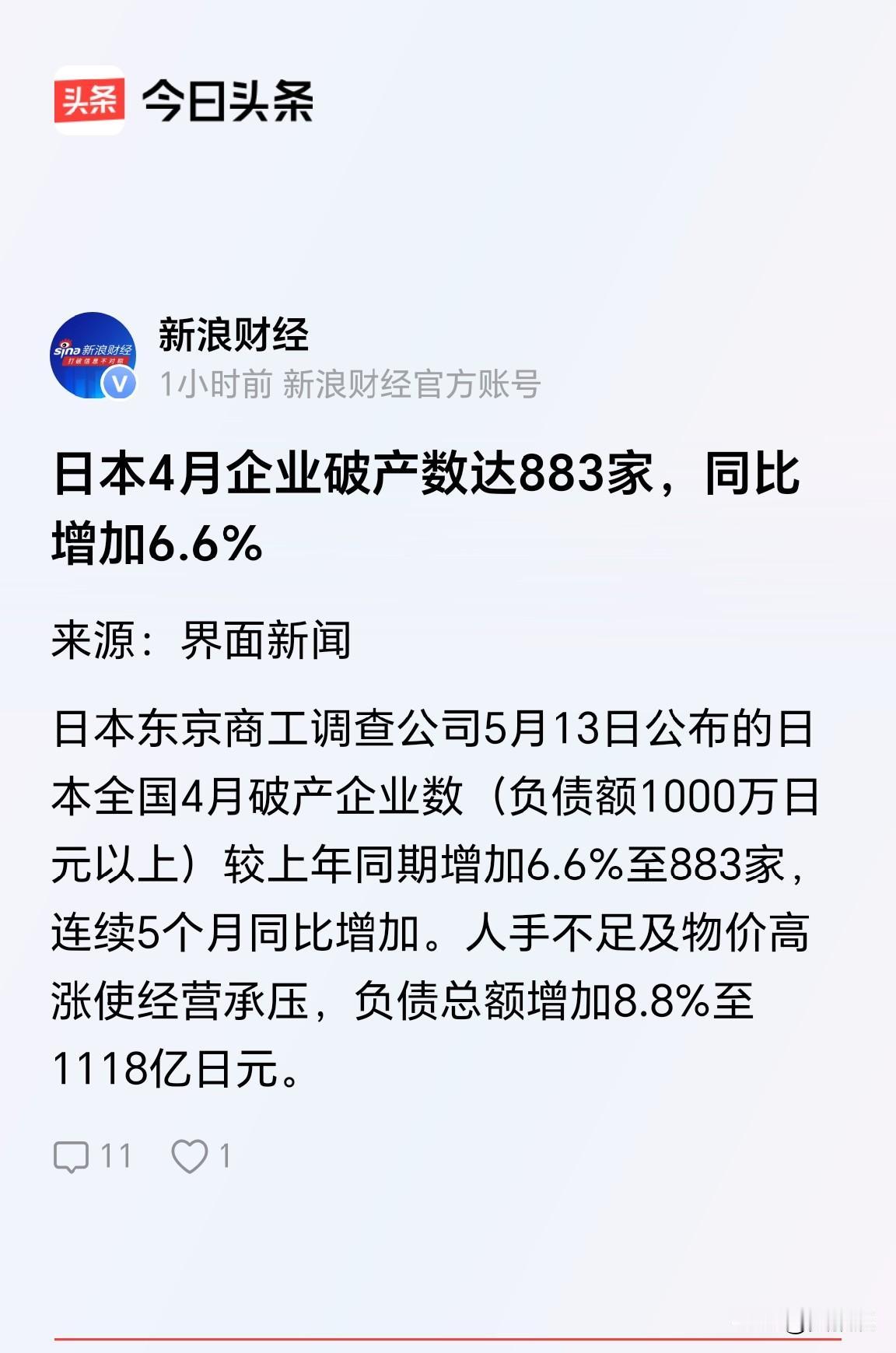 日本完蛋了
日本4月企业破产数达883家，同比增加6.6%
最近日本都是负面新闻