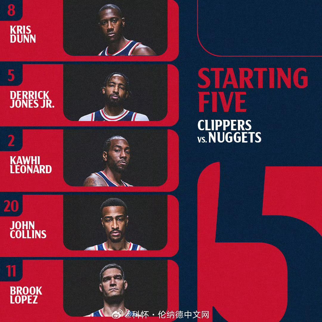 今日比赛首发：邓恩、小琼斯、伦纳德、科林斯、洛佩兹！卡哥连续33场20+了，今天