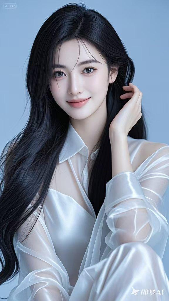 温柔甜美的少女，身着轻纱白衣，宛如从梦幻仙境走来。她那身白衣，在微风中轻轻飘动，